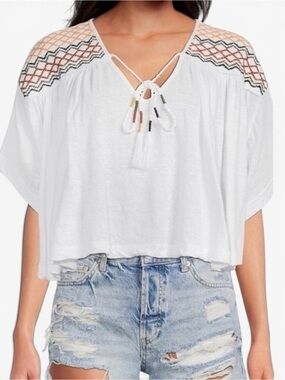 Free People Market Embroidered Tassel Tie Dolman Tee Small